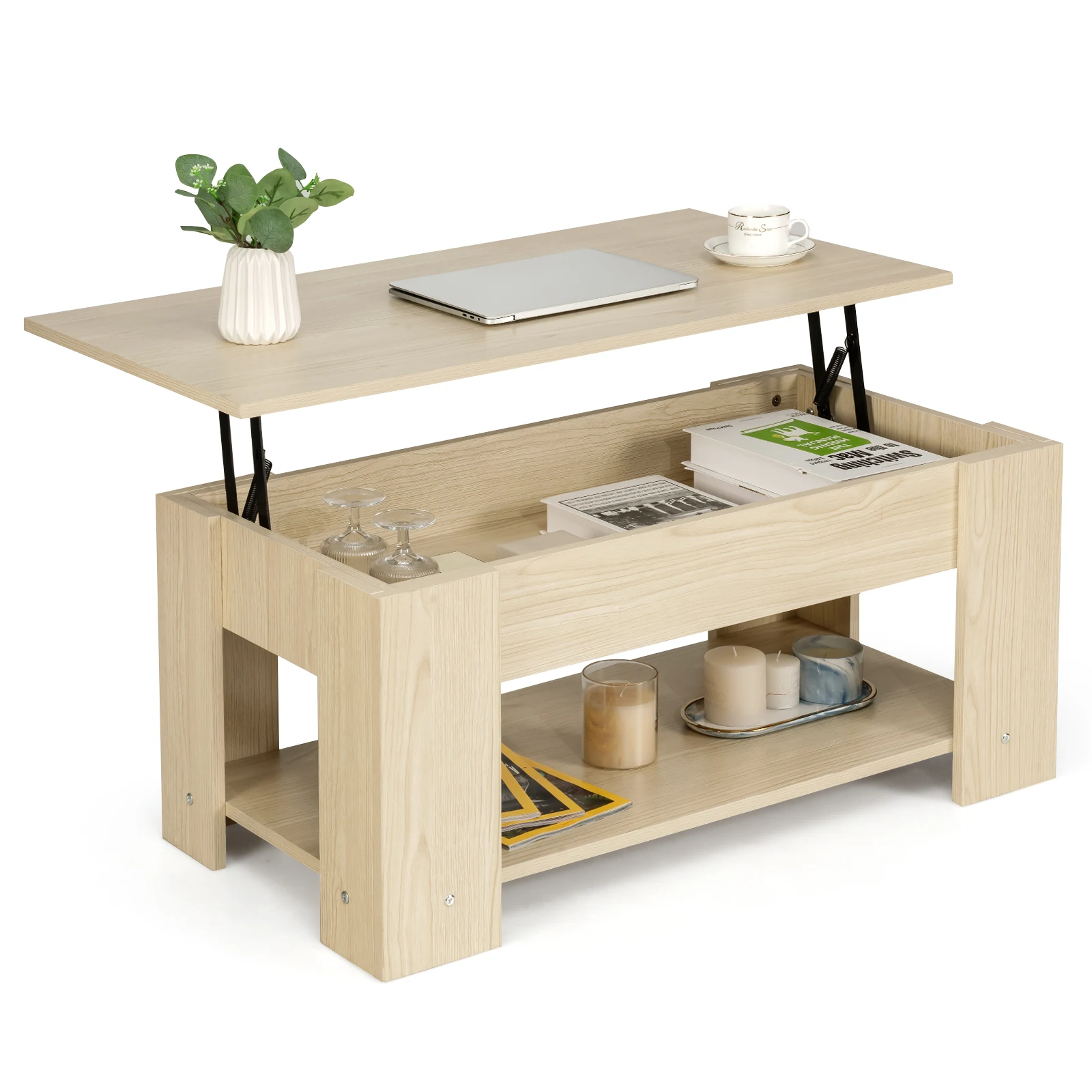 GOFLAME Height Adjustable Coffee Table Dining Table with Integrated Compartment Natural