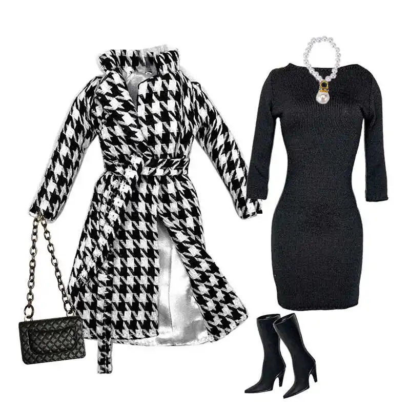Fashion Houndstooth Designer's Dolls' Clothes Set for 30cm Barbie Doll Accessories Shoes Dress for 1/6 Dolls for Girls Christmas