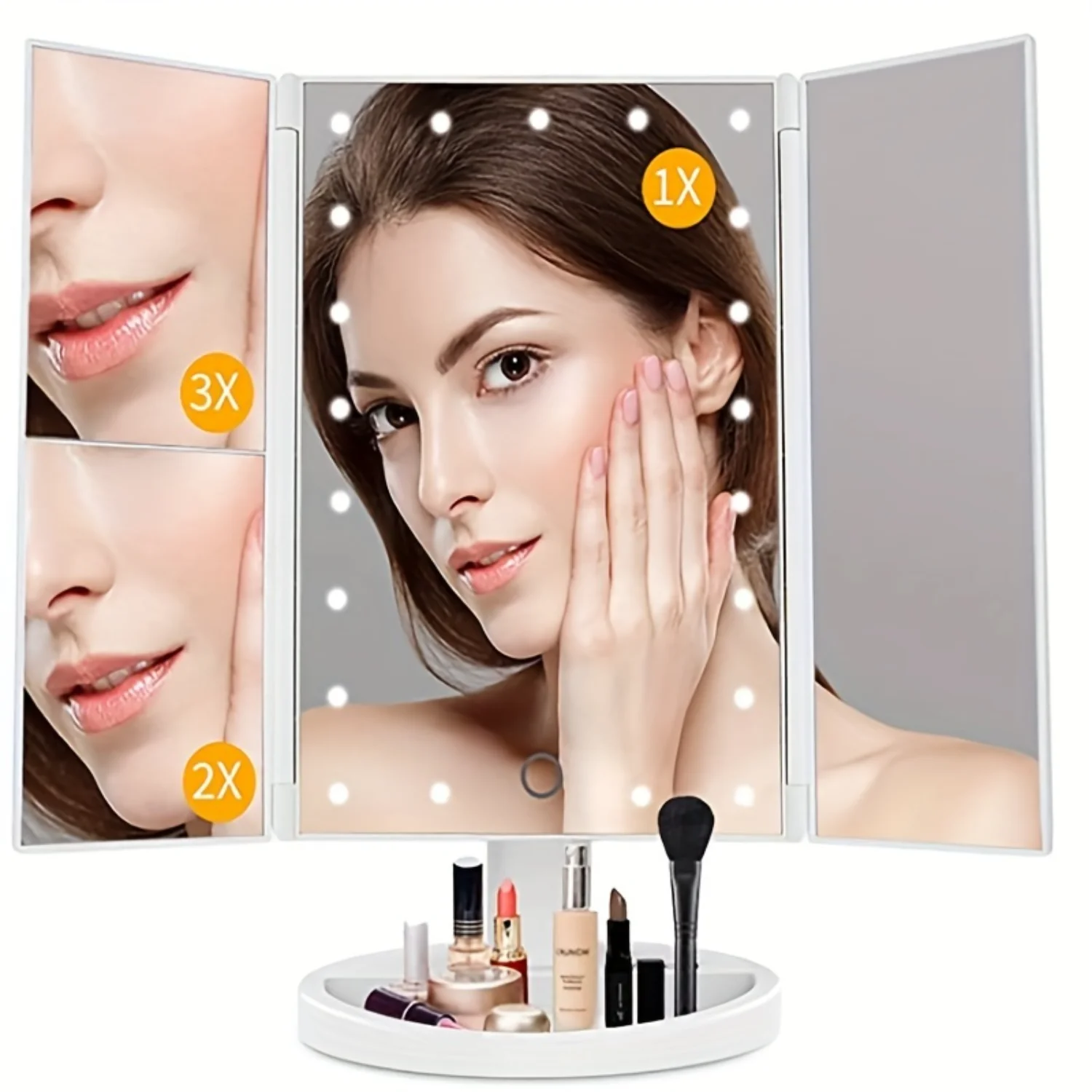 Tri-Fold LED Makeup Mirror, Dimming, 2X/3X Magnification Side Panels for Bathroom and Bedroom