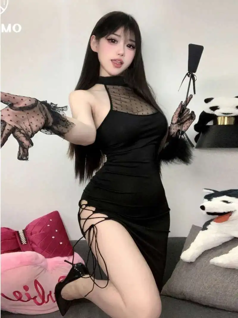 Mesh Sheer Dot Süße Mini Kleid Verband Sexy Weibliche Cosplay Koreanische Enge Reine Desire Nachtwäsche Nachtclub Kleid Elegante Z14R