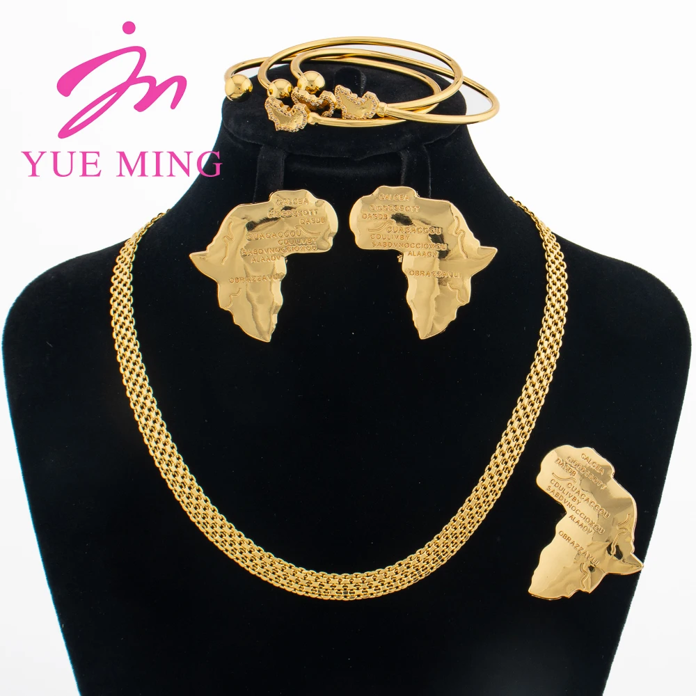 

YM Jewelry Set for Women Gold Plated Necklace 40cm Clavicle Chains Smooth Africa Map Earrings Charm Bracelet Ring Christmas Gift