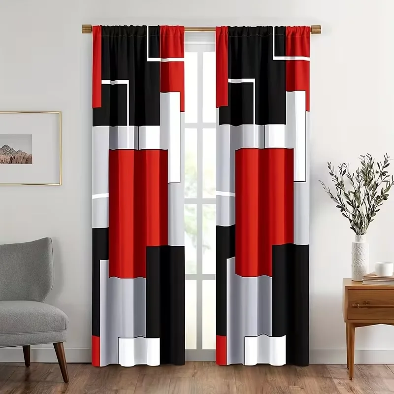 2PCS Multicolor Red Black White Gray Geometric Block Pattern Curtains Rod Pocket Design For Bedroom And Living Room