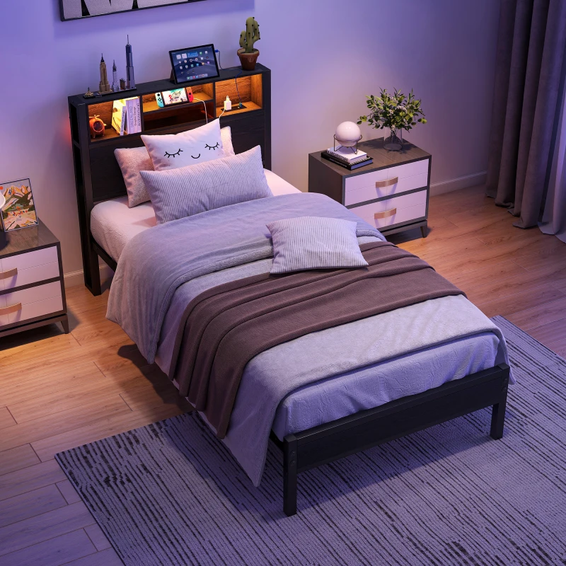 Twin Size Frame Storage Headboard Metal Platform Bed With Charging Station Bookcase Storage No Box Spring Needed Easy Sturdy