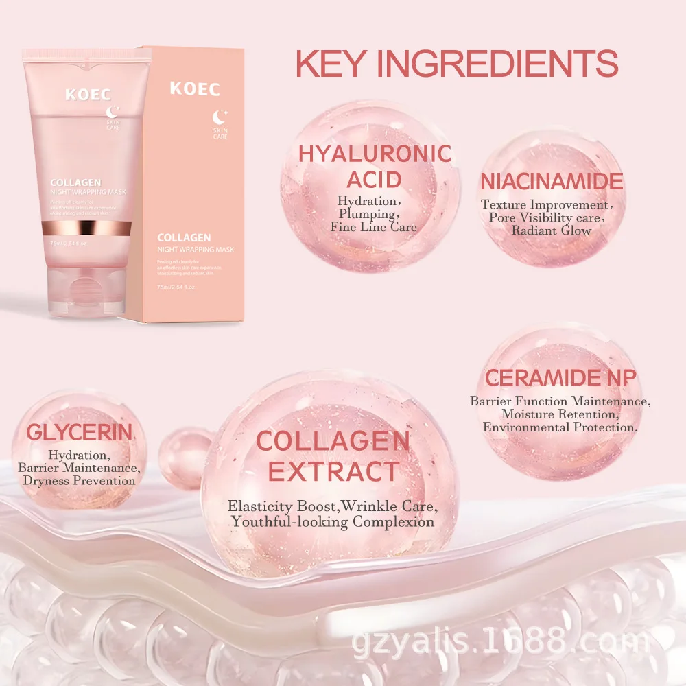 75ml KOEC Collagen Night Peel Off Mask Moisturizing Firming Nourishing Elasticity Remove Blackhead Hyaluronic Acid Niacinamide