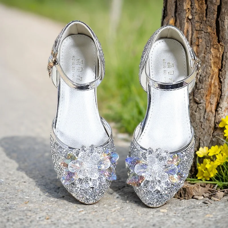 Children's Crystal Sandals Girls' High Heels Fashion Shoes Princess Dance Performance Purple Single Shoes Kid's Silver Sandalies