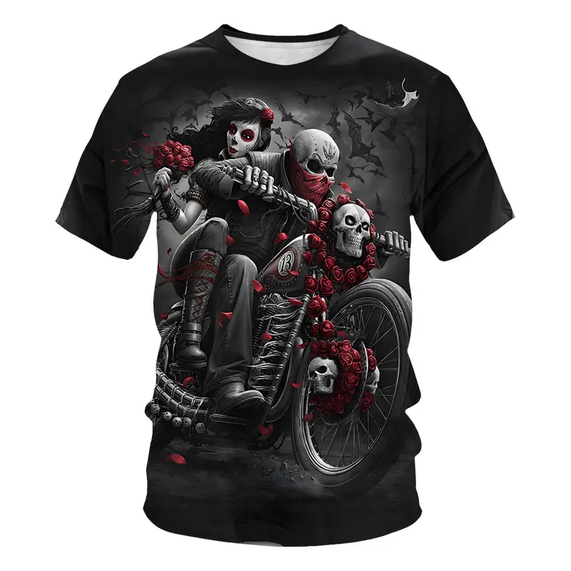 3D Skull Printed Black Streetwear Men\'s T-Shirts Short Sleeve Round-Neck Horror Halloween Man Tops Loose Gothic Round-Neck Tees