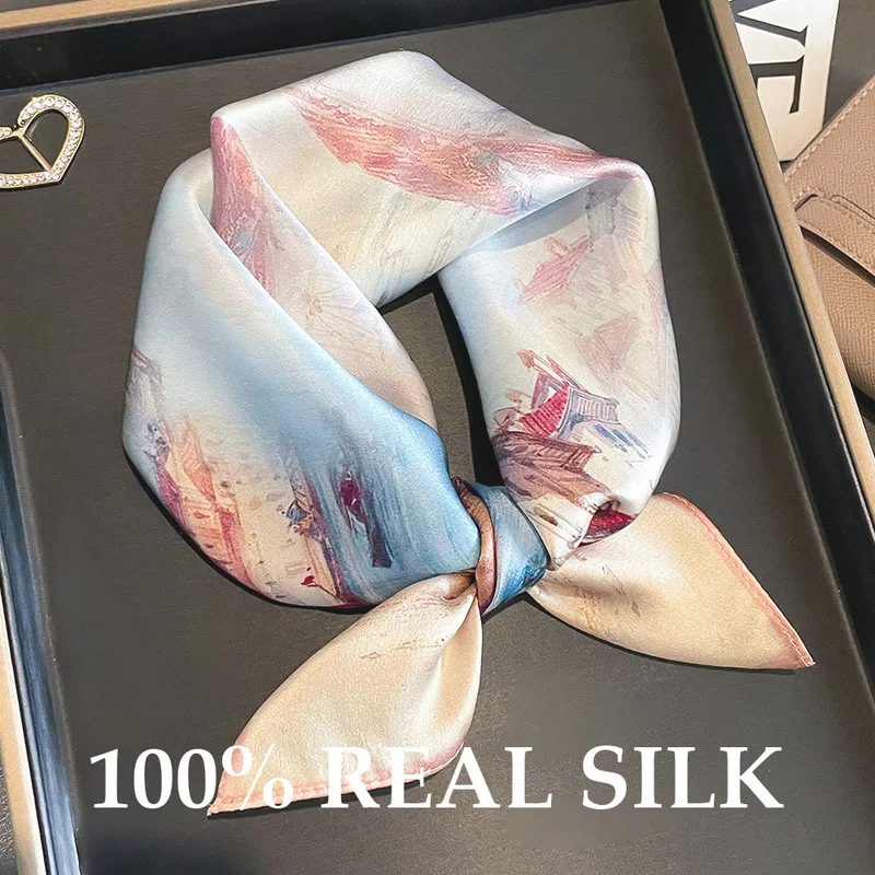 

Новый 100% натуральный шелковый шарф-платок из сатина для женщин, 2026, с принтом «Цветы и масляная живопись», квадратный платок-бандана, шаль, подарок для дамы, хиджаб