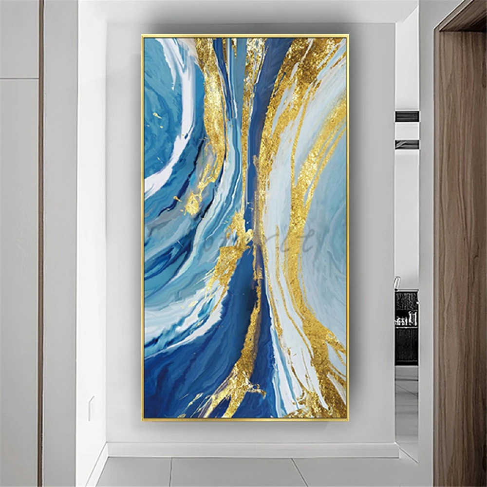 Handmade Abstract Modular Oil Painting on Canvas - Modern Blue Gold Texture Wall Art Picture - Decorative Wall Artwork