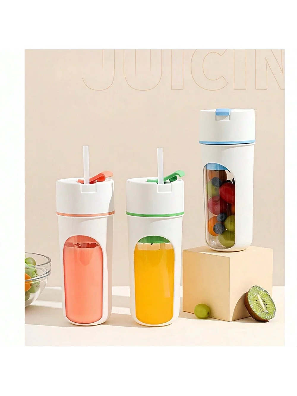 휴대용 핸드헬드 주서기 컵, USB 충전식 과일 주스 메이커 빨대 포함