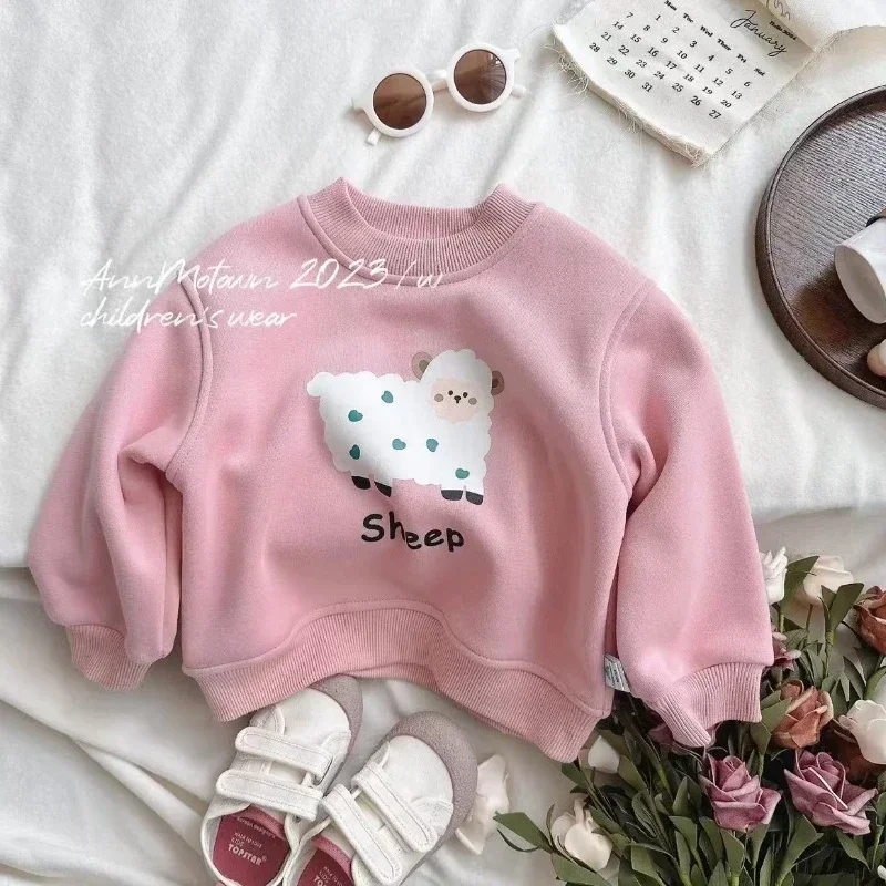 HoneyCherry Winter Padded Cartoon Printed Sweatshirt Cute One-piece Fleece Warm Top Kids Clothes