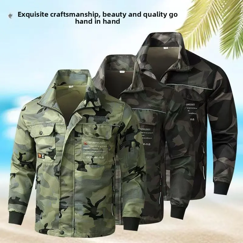 Spring and Autumn Camouflage Men's Work Suit Set, Thickened, Wear-resistant, Elastic, Auto Repair, Dirt-resistant Jacket