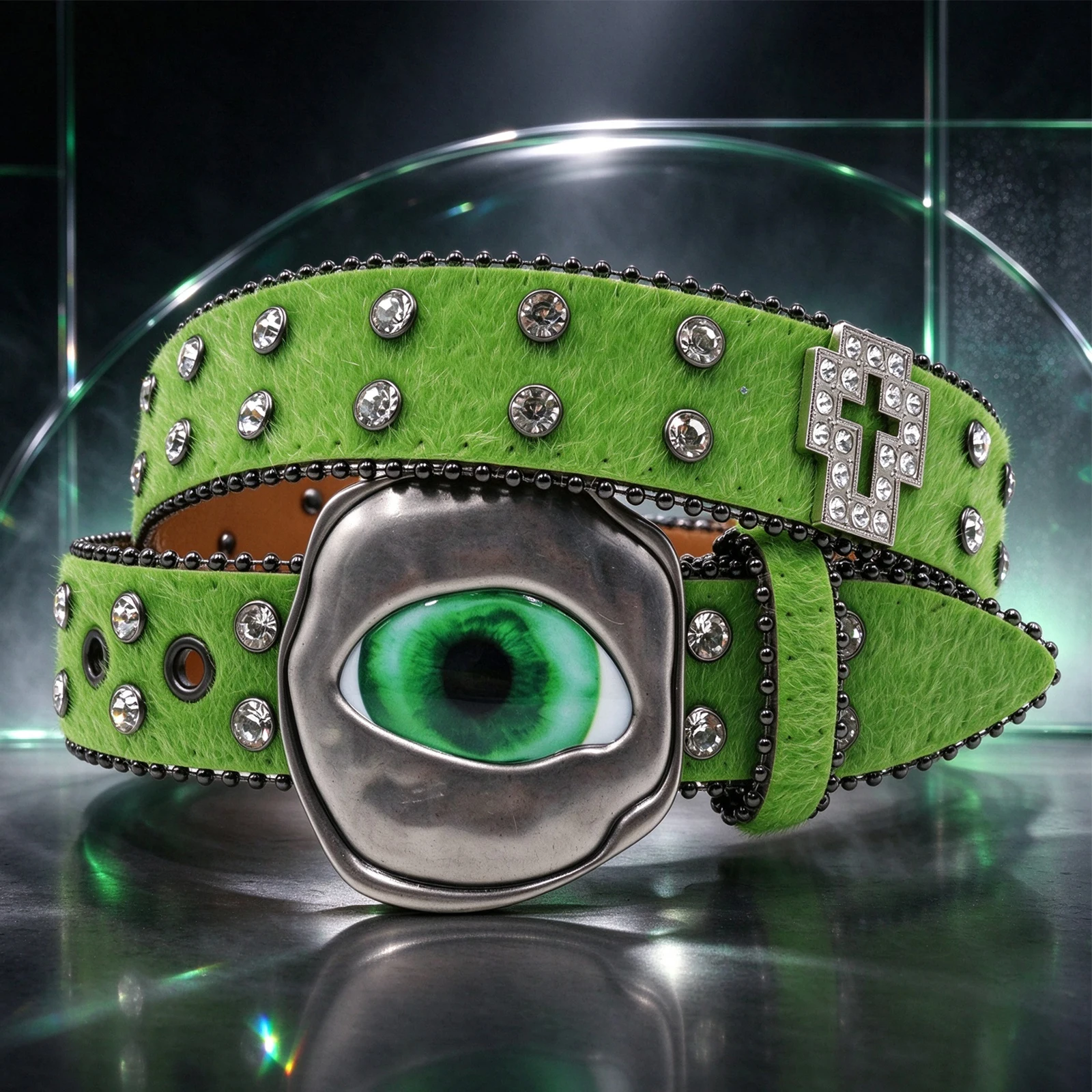Multi-Color Furry Horse Hair Belt Eyeball Shape Metal Buckle Spark Rhinestone Cross Punk Statement Belt