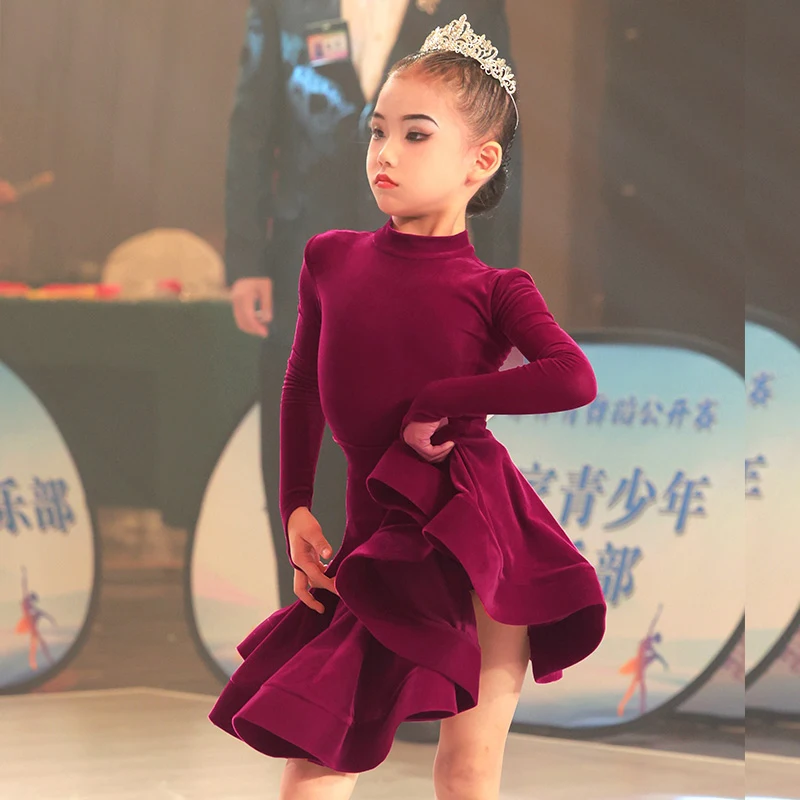 2025 Velvet Long Sleeve Bodysuit Split Skirts Practice Suit Latin Dance Dress For Girls Chacha Rumba Tango Latin Wear  DQS18344