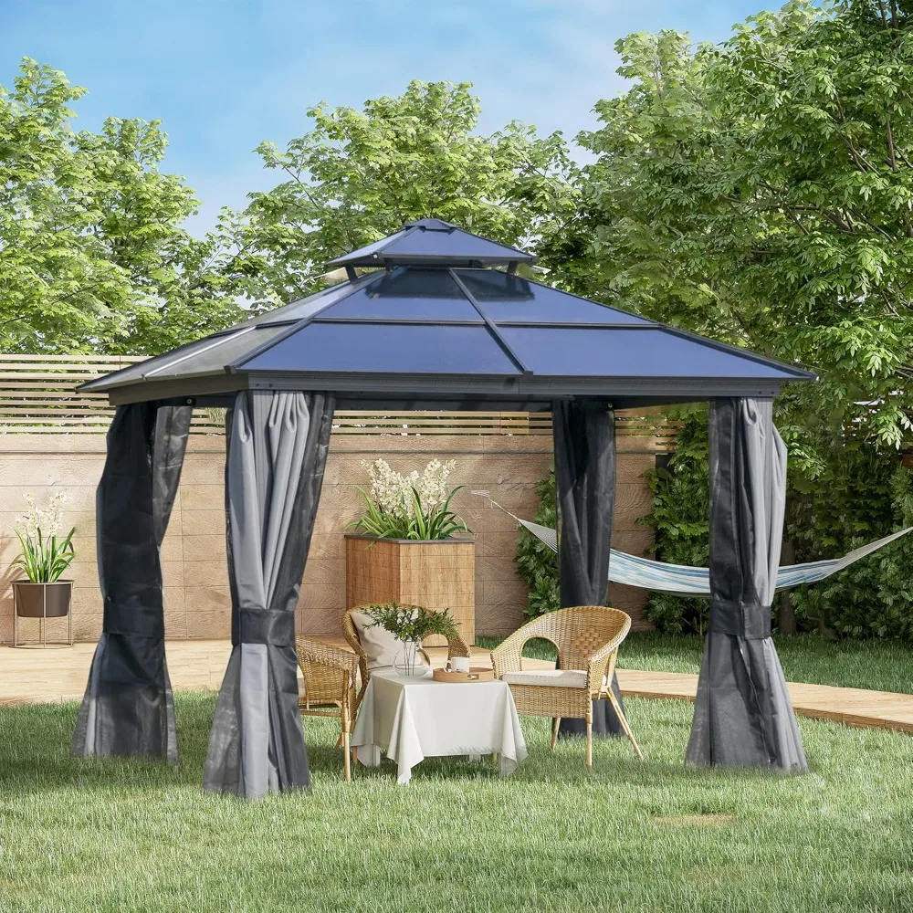 

10' x 10' Hardtop Gazebo Canopy with Polycarbonate Roof, Aluminum Frame, Permanent Pavilion Outdoor Gazebo, Customized