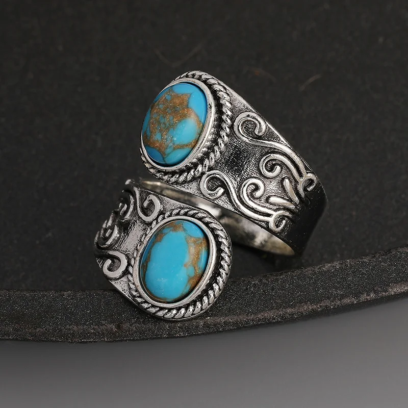 Vintage Wrap Ring Silver Plated Delicate Carving On The Surface Inlaid Turquoise Boho Style Jewelry Match Daily Outfits