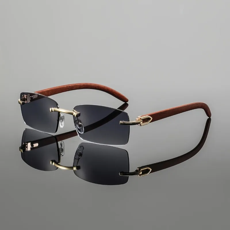 1 Stück Rahmenlose Brille mit Holzmaserung-Imitation im Business-Stil, Klassisch Modische Dekorative Brille für Damen und Herren – Detail 2