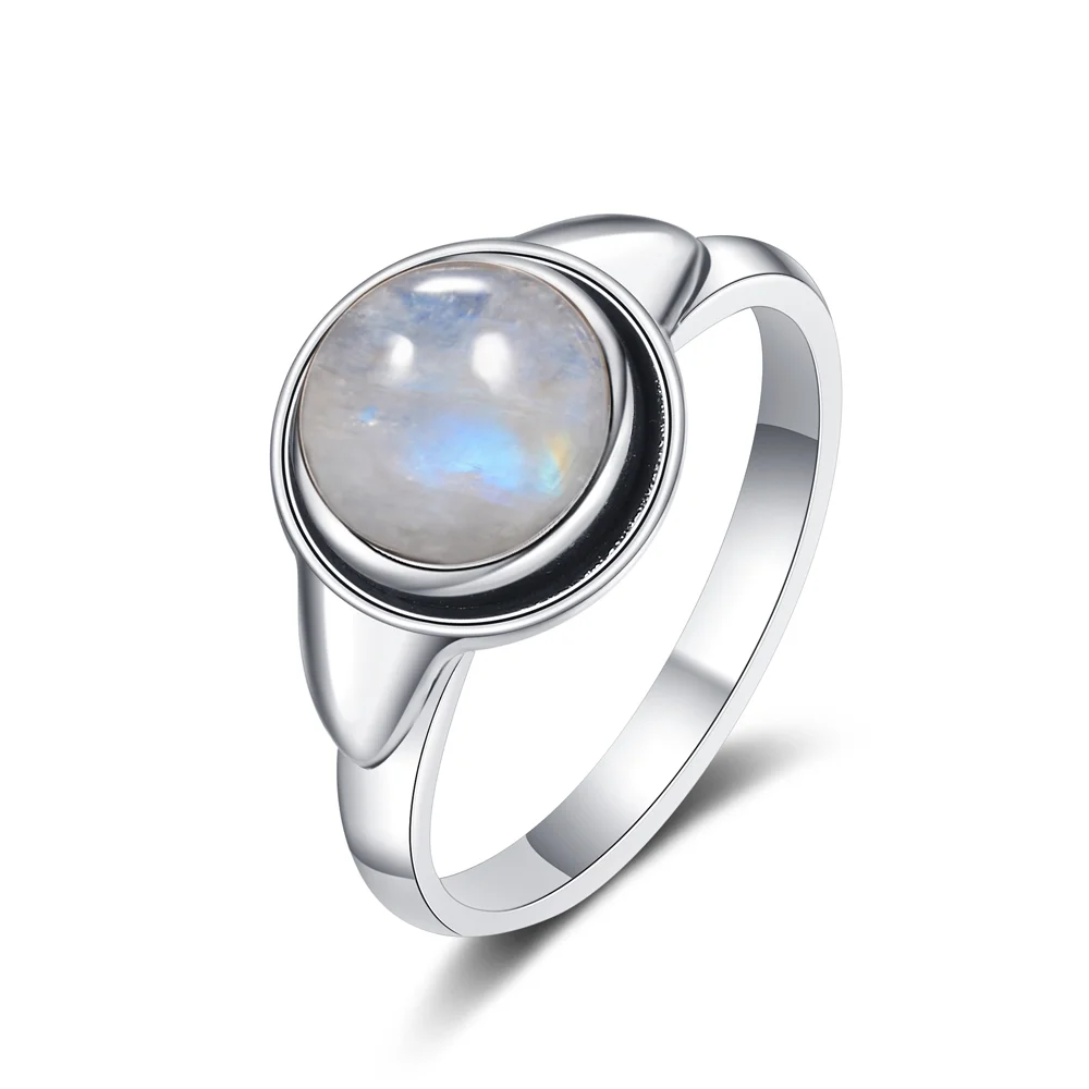 Simple Ring Jewelry Natural Labradorite S925 Silver Round Tiger Eye Moonstone Ring for Women Wedding Party Luxury Gift