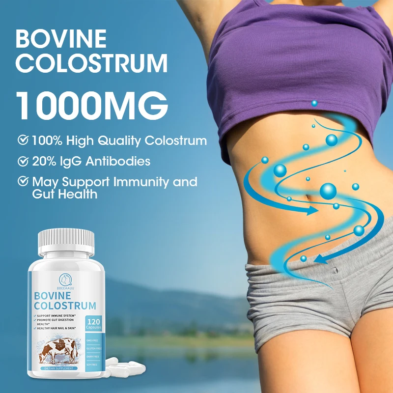 BBEEAAUU 1000MG Probiotic Bovine Colostrum Capsules Support Intestinal and Digestive Health Hair, Nails, Skin and Muscle Health