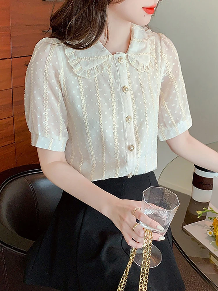 Blusas Mujer De Moda 2023 Verano Short Sleeve Blouse Women Doll Collar Lace Chiffon Blouse Shirt Women Tops Blouses Shirts E688