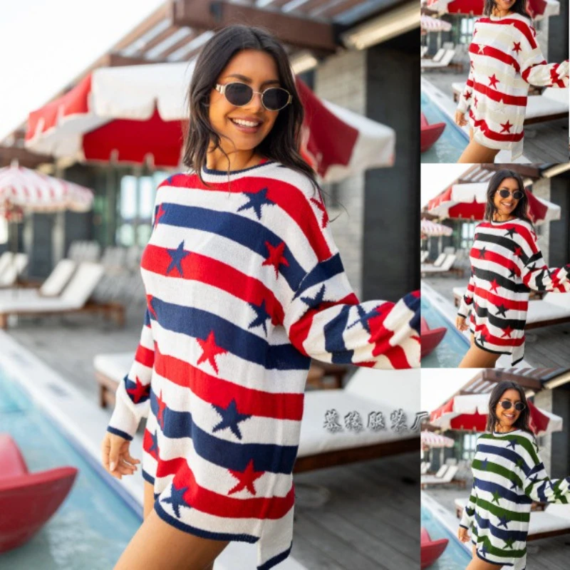 

Pullovers Women Sweaters Striped Knitted Round Neck Full Sleeve Jumpers Y2k Streetwear Elegant Knit Causal Loose Autumn Winter