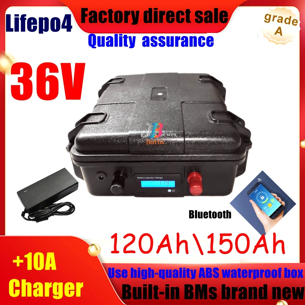 LRKK  36V 150AH lifepo4 36v 120Ah lifepo4 lithium battery bluetooth APP BMS for 4000w go cart bike scooter boat +10A Charger