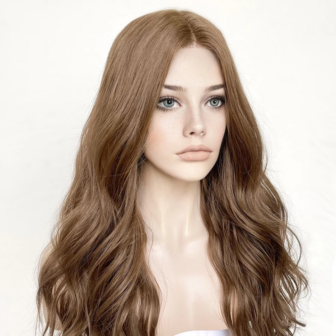 Middle Part Systhetic Light Chestnut Brown 13x4 Transparent Lace Front Wigs for Women Glueless Natural Hairline Long Wavy Wigs