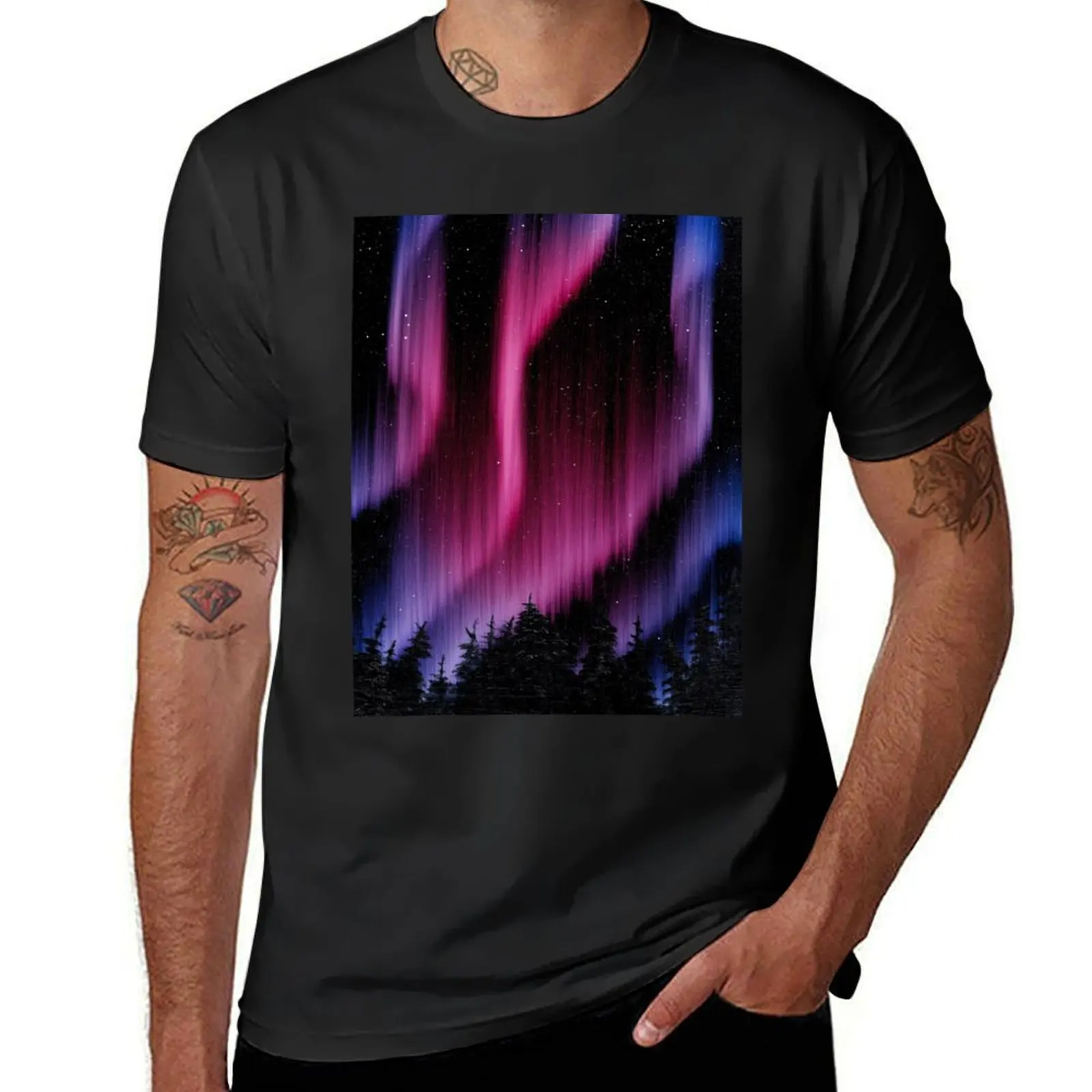 Bob Ross Inspired Landscape - Northern Lights Art T-Shirt shirts graphic tees korean fashion mens graphic t-shirts funny