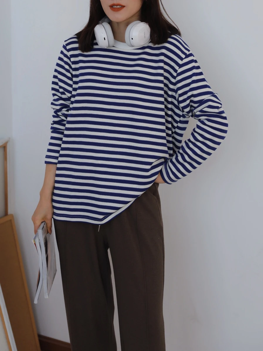 

Удобный полосатый вязаный топ для женщин, свободная футболка с длинным рукавом, новинка весна-осень, повседневная модель с круглым вырезом из смесового хлопка