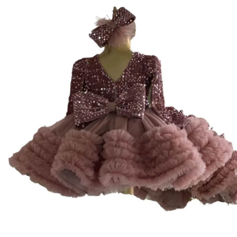 Girls Long Sleeve Sequin Princess Dress Cake Tutu Gown for 1st Birthday Party & Hosting, Sparkling Celebration Flower Girl Dress