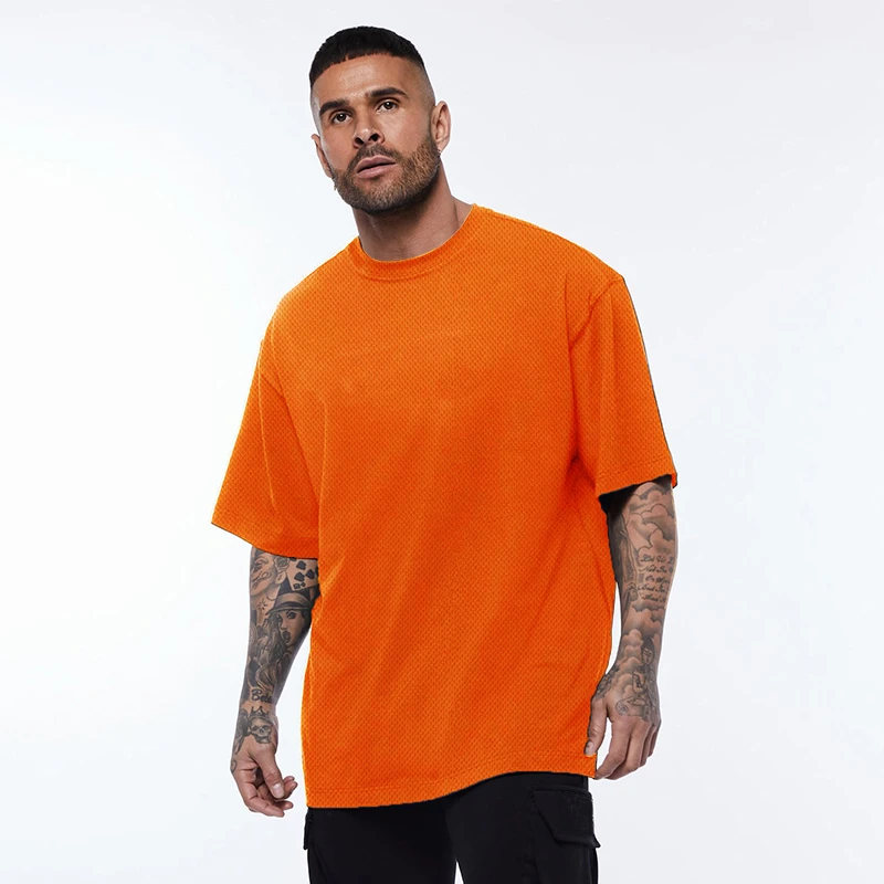 Oversized T shirt Men Drop Shoulder Gym Clothing Bodybuilding Fitness Loose Hip-Hop T-shirt Quick Dry Mesh Sports Tshirt