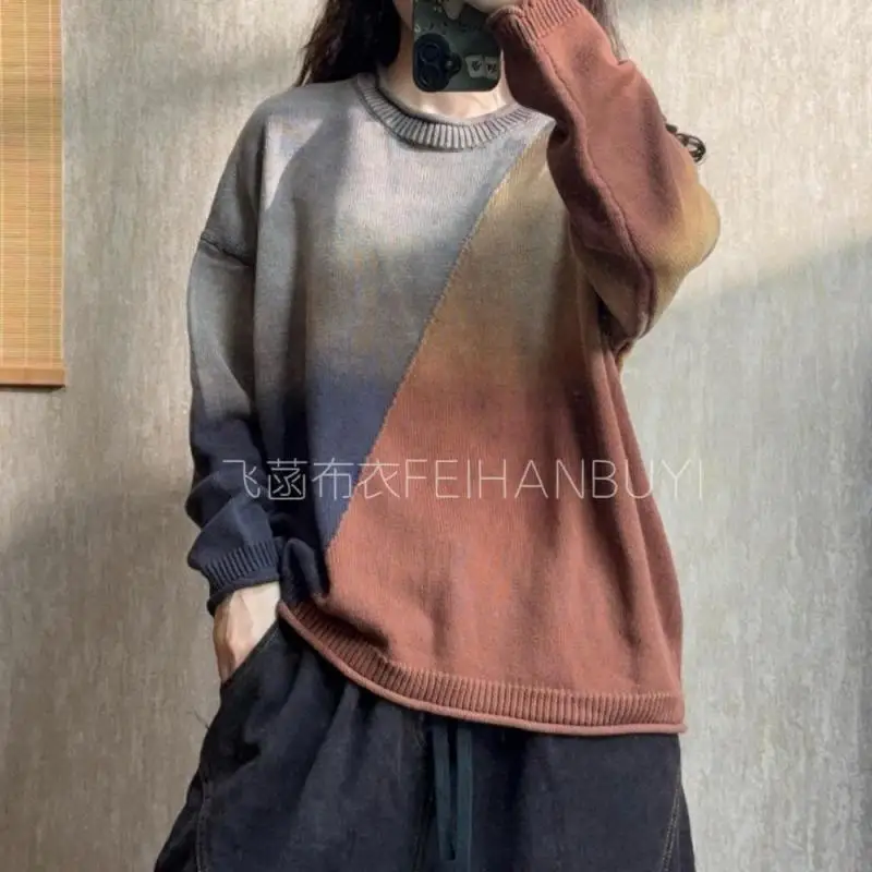 Autumn Winter Arts Style Women Long Sleeves O-neck Loose Casual Sweater Vintage Patchwork Cotton Knitting Pullover High Quality
