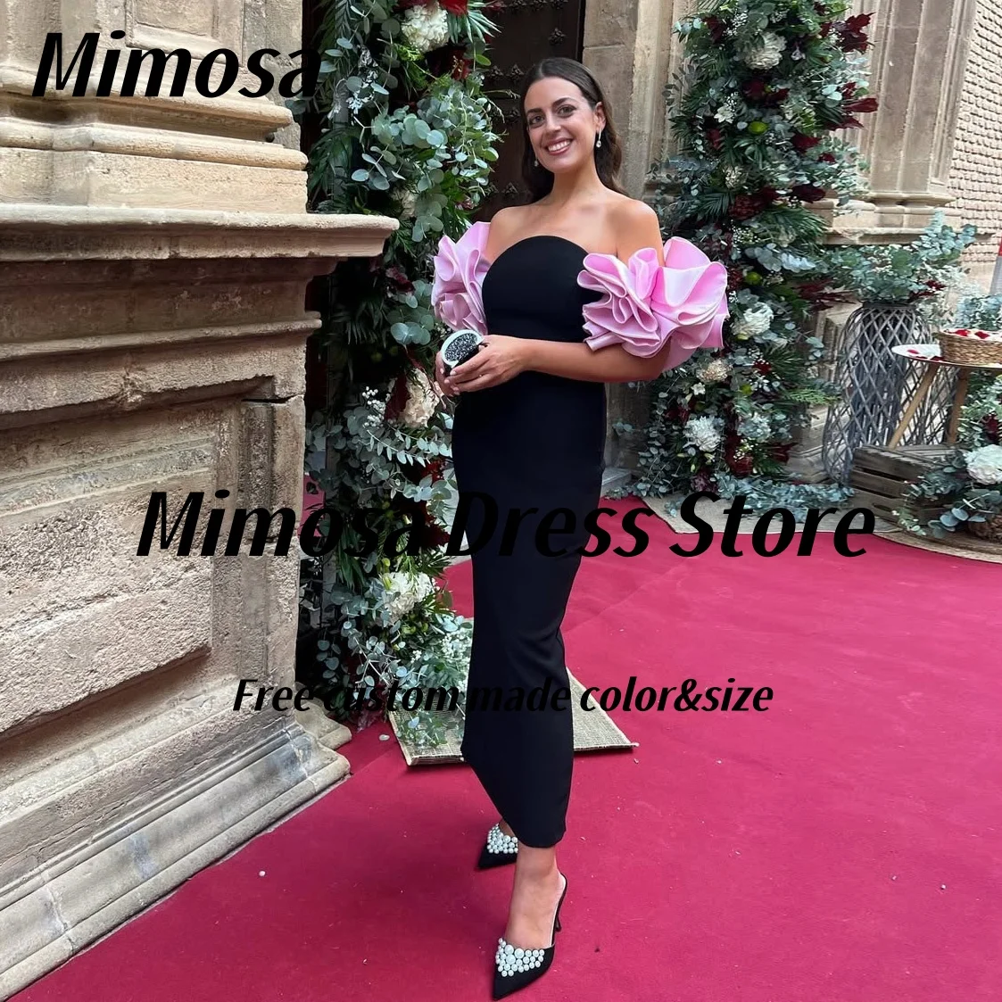

Черные платья для выпускного вечера Mimosa 2025, розовые платья без бретелек с рюшами и короткими рукавами, платье для дня рождения, сексуальные вечерние платья сзади по индивидуальному заказу