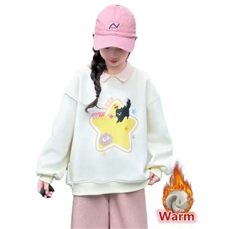 

Trendy Girl Star Print Sweatshirt for Kids Winter Fashion Fleece Lined Clothes Polo Colar Velvet Thick Warm Sweatshirt For Teens