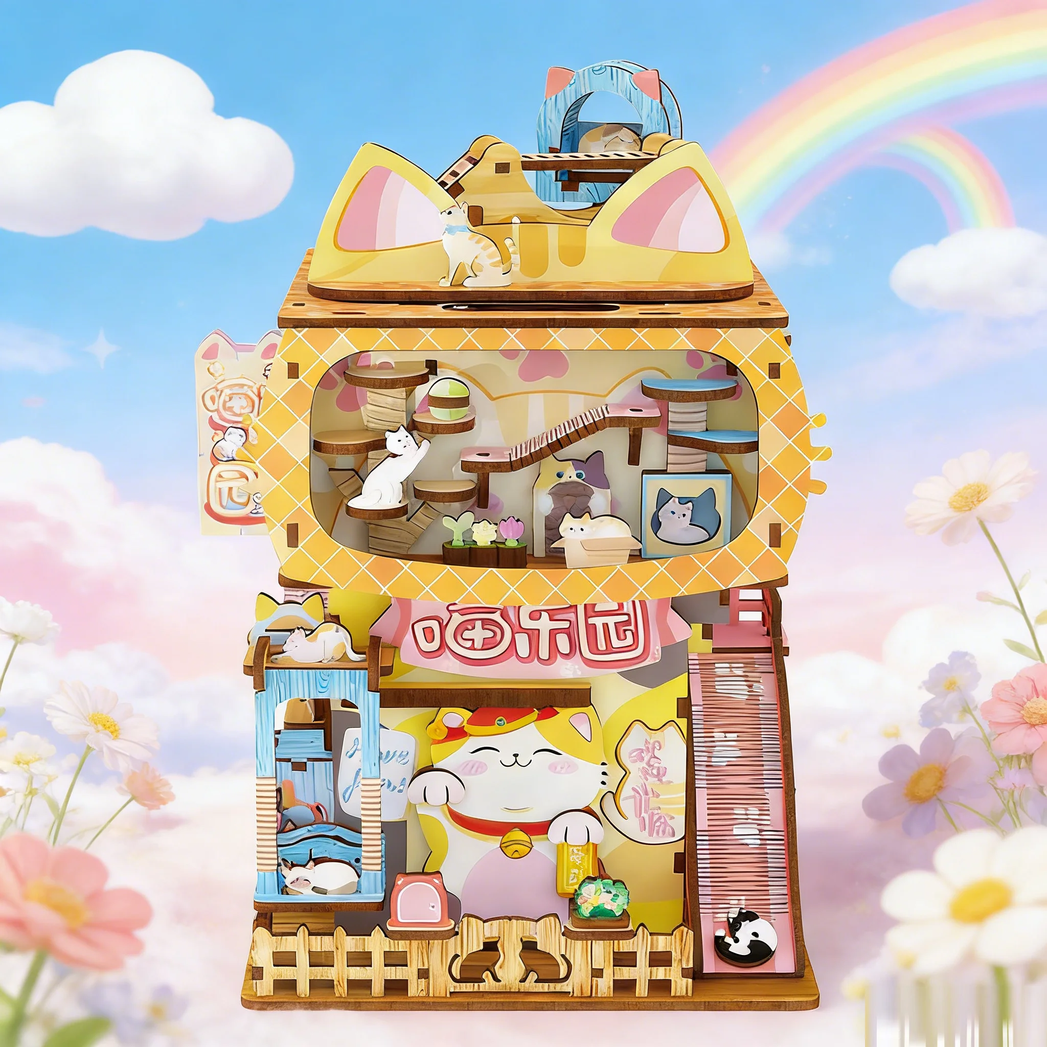 Smart Sensing Door DIY Katzenhäuschen-Bausatz mit LED-Beleuchtung, 174 Teile, Funktionaler Desktop-Aufbewahrungsorganizer Modell Kindergeschenk