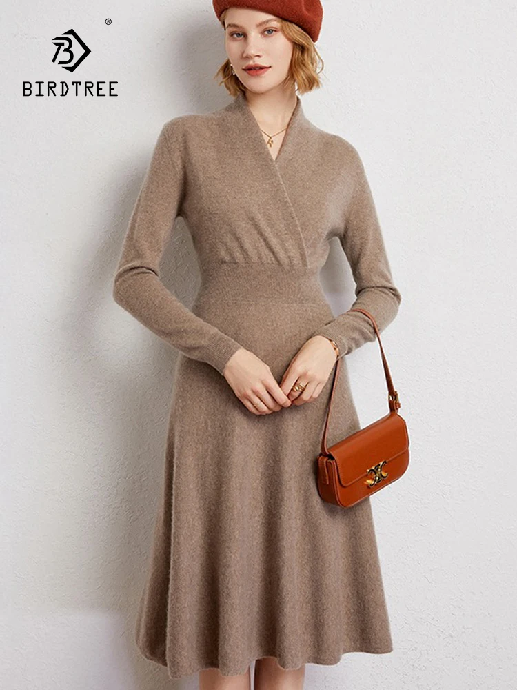 

Birdtree 65% Wool 35% Cashmere V-neck Knitted Dress Women Autumn Winter Skinny Slimming Medium Length Bottom Dress New D38537QC