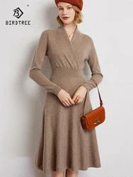 Birdtree 65% Wool 35% Cashmere V-neck Knitted Dress Women Autumn Winter Skinny Slimming Medium Length Bottom Dress New D38537QC