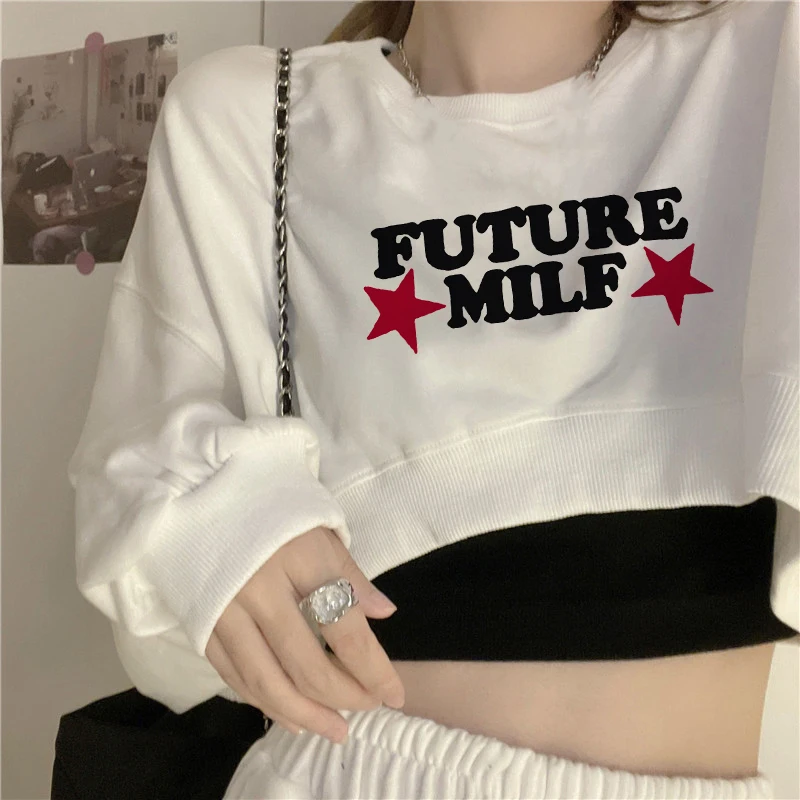 

Future Milf Star Print Women Sweatshirt O Neck Streetwear Slogar Popular Hoodies Long Sleeve Clothes 2000s Y2k Pullover Crop Top