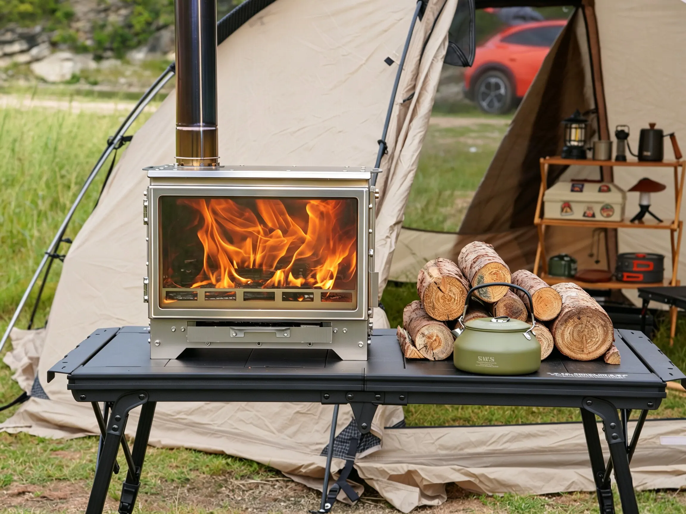SmiloDon G1 Camping-Holzofen, 2026 Neuer 430 SUS Zeltheizer, 3-seitiges Glas, Sekundärverbrennung, 70/75mm Schornstein, Tragetasche – Detail 13