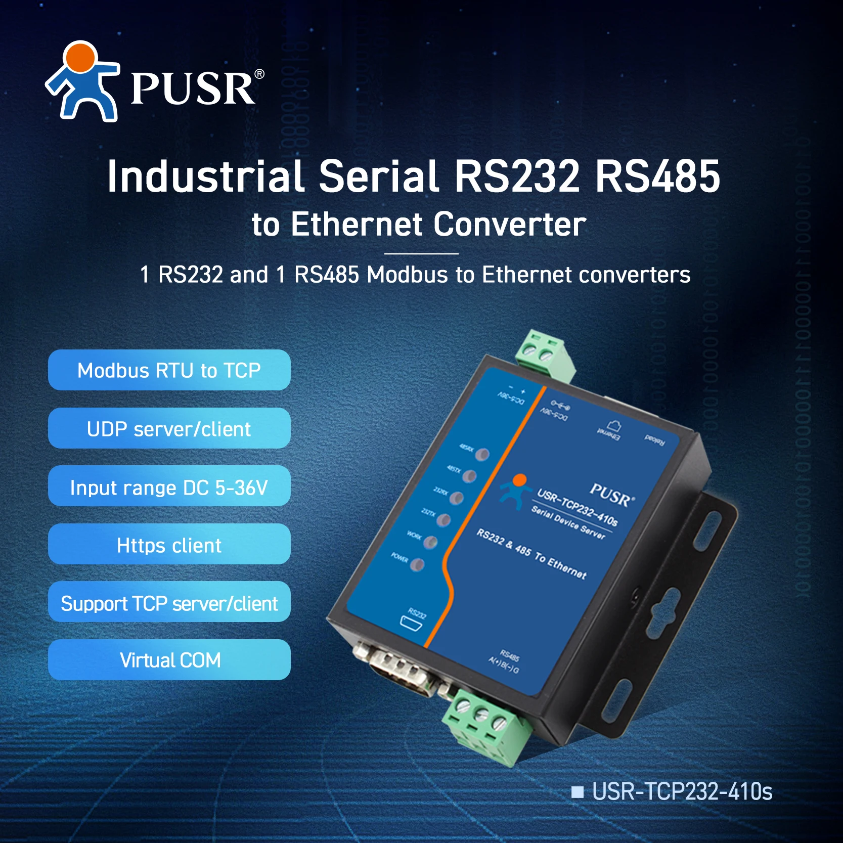 USR-TCP232-410S-RT Dual Ports Serial Device Server RS232 And RS485 To Ethernet Converter Modbus Gateway