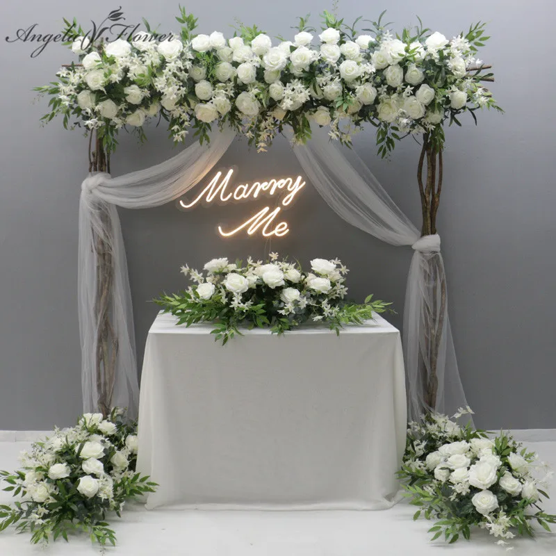 صف زهور اصطناعية لديكور قوس الزفاف، نباتات خضراء وردية بيضاء، تشكيلة زهور، عرض خلفية لمرحلة الحفلات، A7072 #1