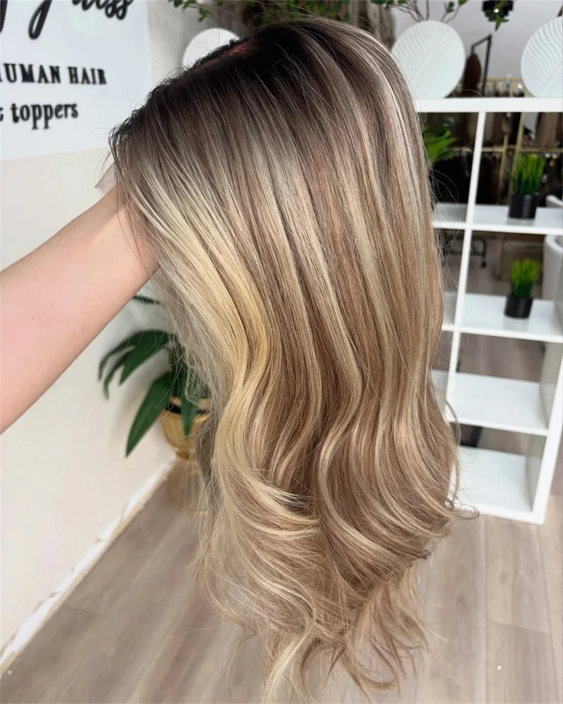 New Natural Dark Highlights Golden Blonde Wig Synthetic Lace Front Wig Glueless Pre Plucked Heat Resistant Fibre Long Wig Sale