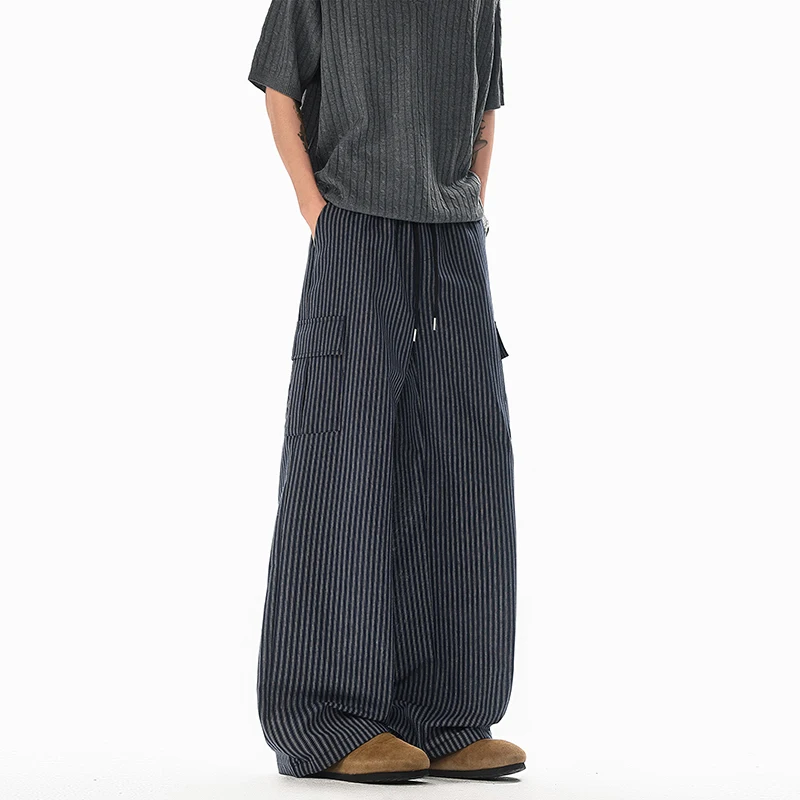 

Striped Casual Pants Men Fashion Retro Pocket Cargo Pants Men Japanese Streetwear Hip-hop Loose Wide Leg Pants Mens Trousers