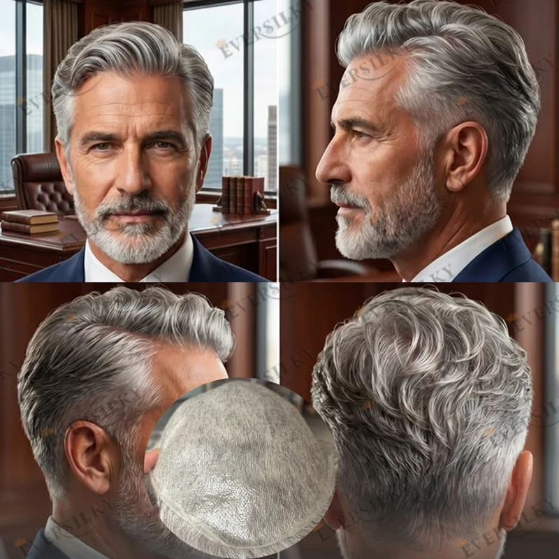 Micro Thinnest 0.02mm Skin Base Natural Hairline Grey Old Men's Toupee Light Weight Comfortable Undetectable #340#440 Hairpieces