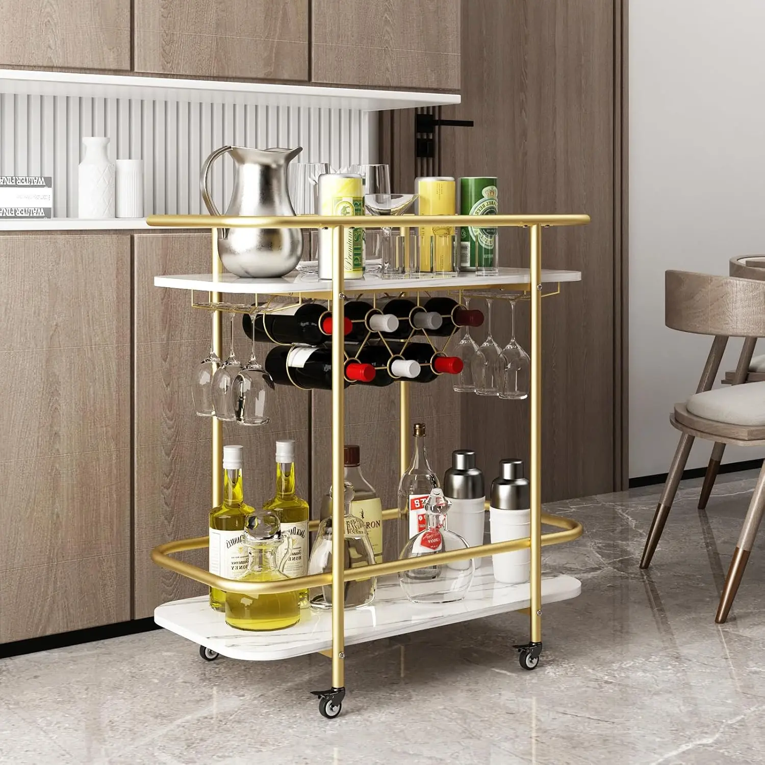 

Gold Bar Cart With 4 Wheels 2 Tier Rolling Drink Trolley Beverage Serving Cart For Entertaining, Mobile Wine Cart With Handles