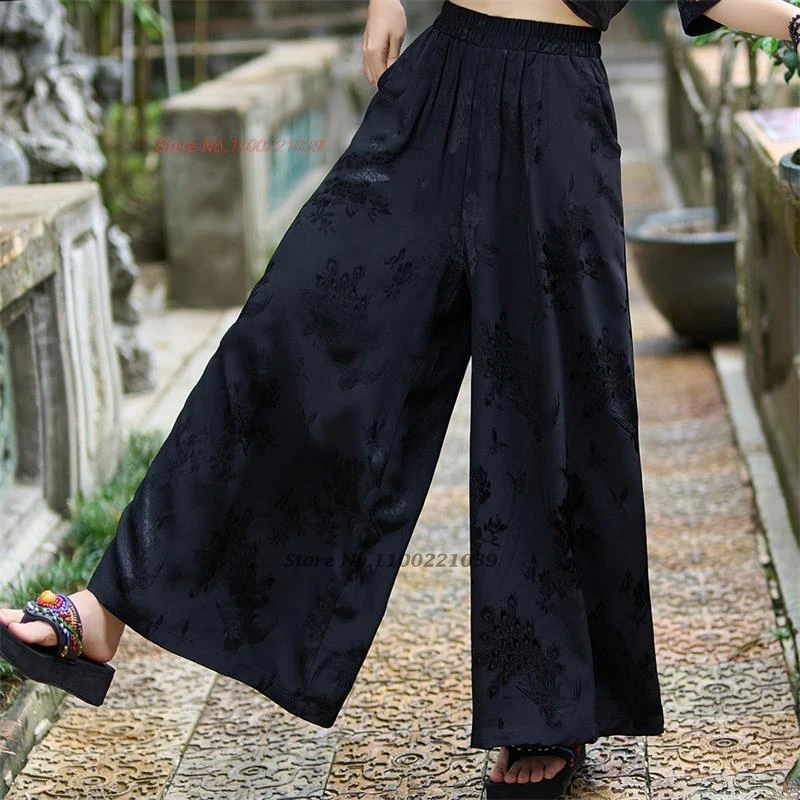 2025 chinese vintage satin jacquard bloomers trousers women national elastic waist harem pants ethnic casual loose wid leg pants