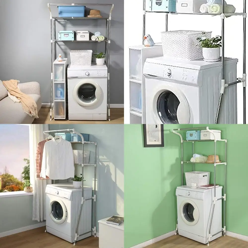 

Adjustable Width 2-Tier Metal Laundry Room Shelf with 6 Hooks, Space-Saving Storage Solution for Utility Room and Toilet (62-101