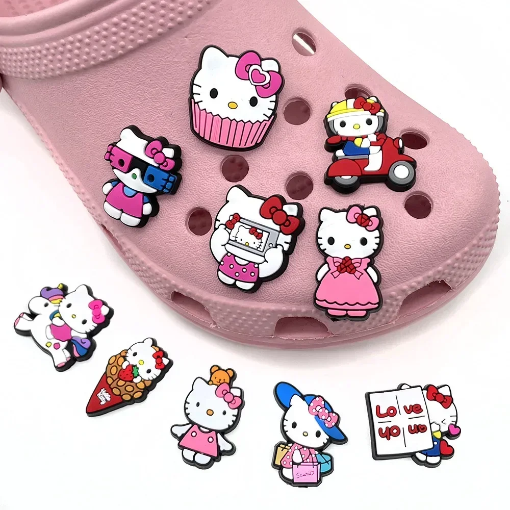 10Pcs/set Cute Hello Kitty Shoe Croc Charms Cat Accessories Decoration Cartoon Animal for Hello Kitty Sanrio Women Children Gift