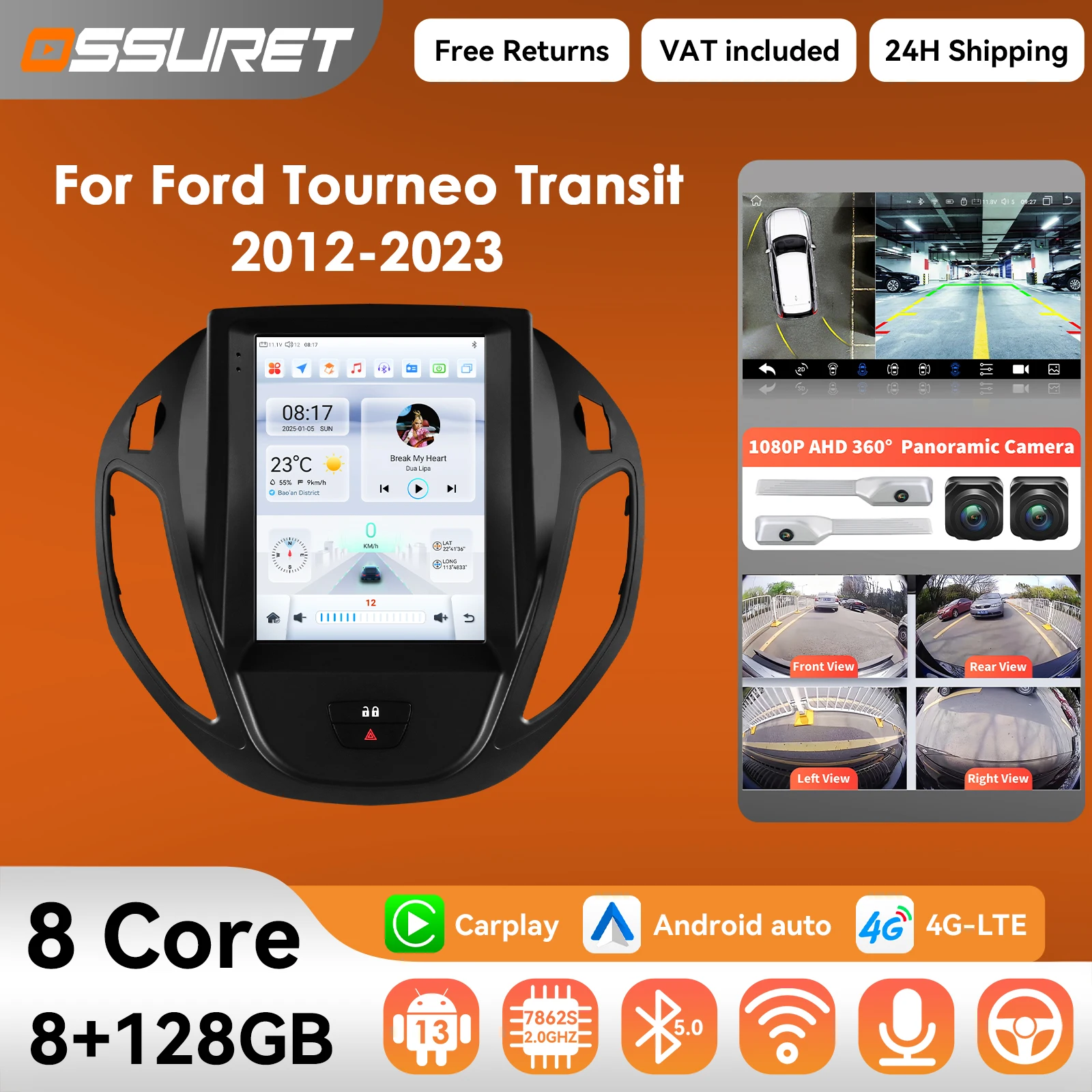 Autoradio sans fil Carplay Android 14, 9.7 pouces, pour Ford Transit Tourneo Courier 2013 – 2021, lecteur multimédia, GPS 360, caméra Autoradio