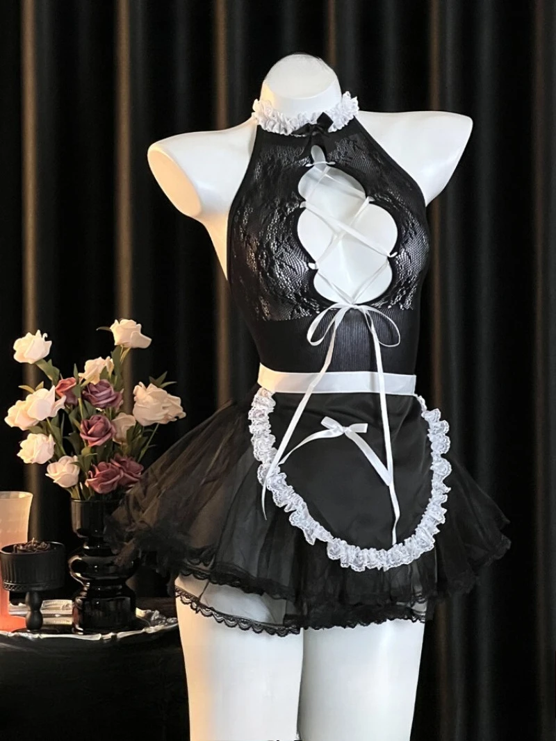 ชุดตาข่ายยืดหยุ่นสูงสไตล์ผู้หญิงมีระดับและเป็นผู้ใหญ่, ชุดยูนิฟอร์มแม่บ้านแบบผูกคอเว้าหลัง, กระโปรงสั้นซีทรูบางเบา, สมบูรณ์แบบ