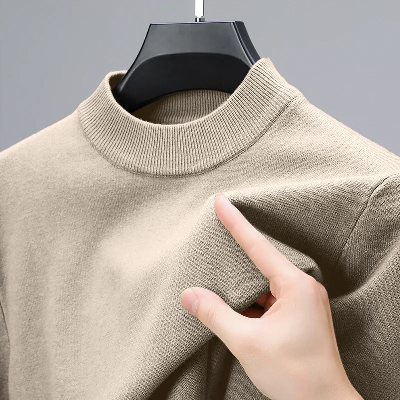 Sweter Rajut Setengah Turtleneck Kaus Leher Tiruan Musim Gugur/Musim Dingin Baru Pulover Warna Solid Pakaian Pria Kasual Merek Pria